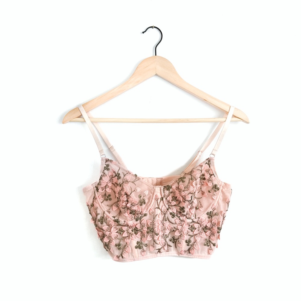 Floral Embroidered Pink Crop Bustier Top - Size Large